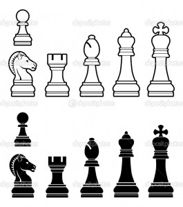 An illustration of a complete set of chess pieces in black and white