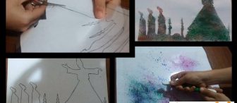 Püskürtme tekniği ve şablon kullanımı ile semazenler